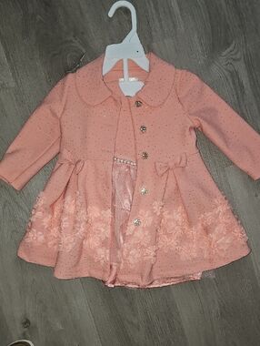 Nannette Peach Embroidered Bow Dress And  Coat